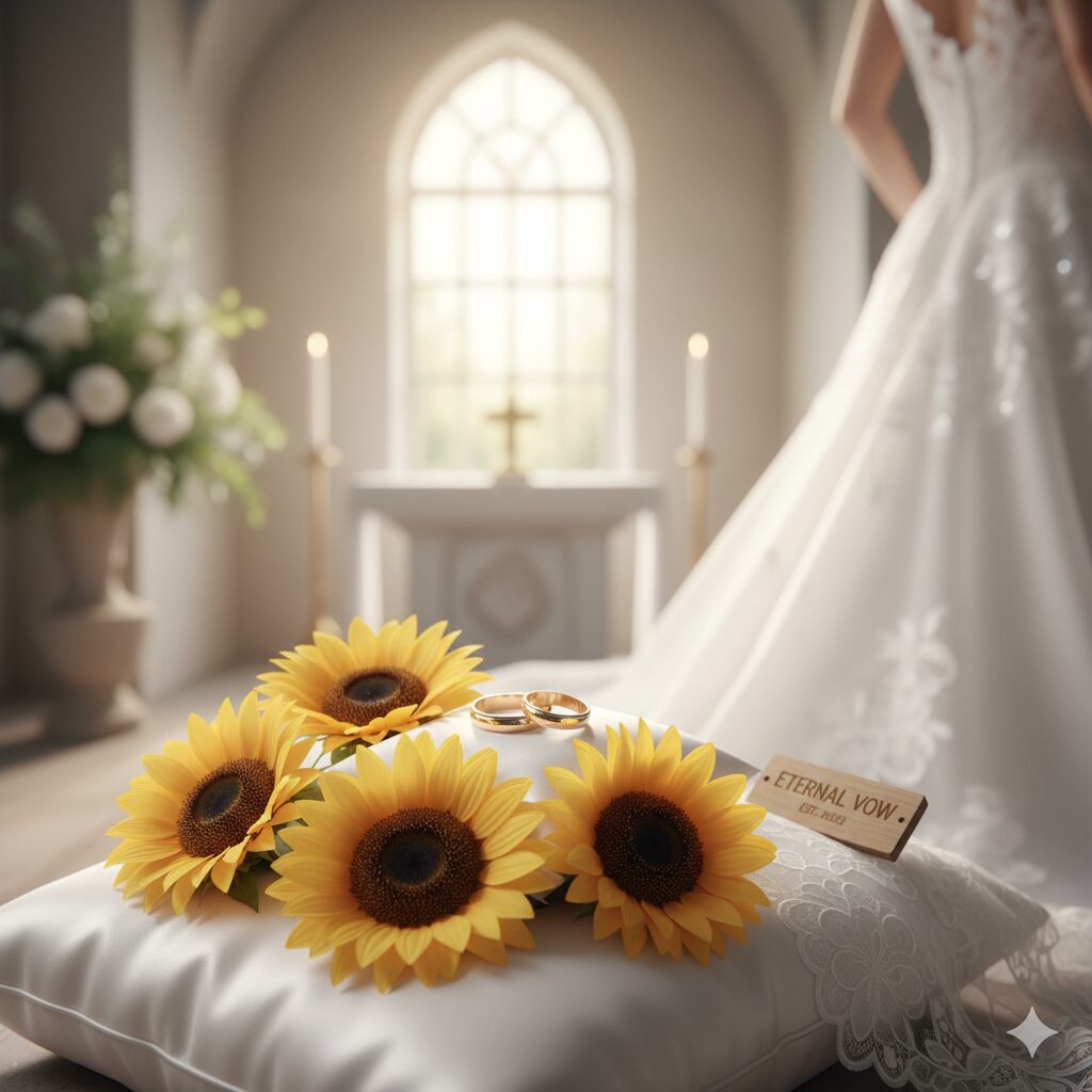 ひまわり 花言葉 4本3　　結婚指輪と4本のひまわり。死ぬまで変わらぬ愛の誓いを象徴する神聖なイメージ