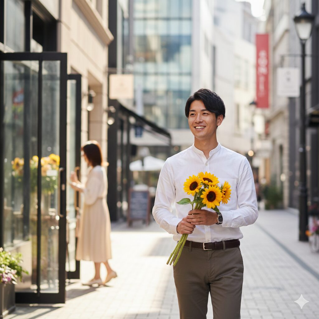 ひまわり 花言葉 4本4　デート中に片手でスマートに持ち運べるサイズ感の4本のひまわりの花束