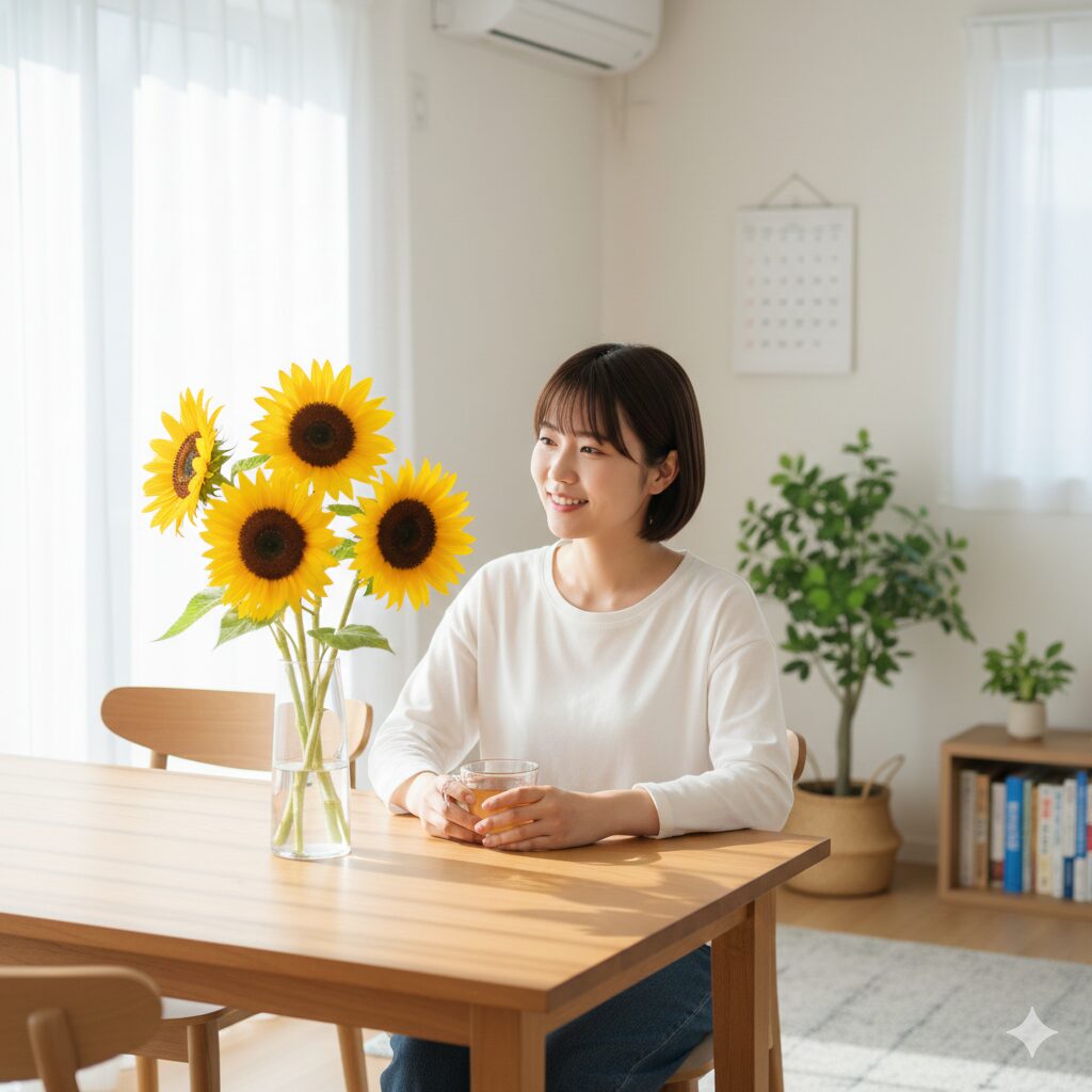 ひまわり 花言葉 4本5　　リビングのガラス花瓶に飾られた4本のひまわり。家庭で管理しやすいインテリアフラワー