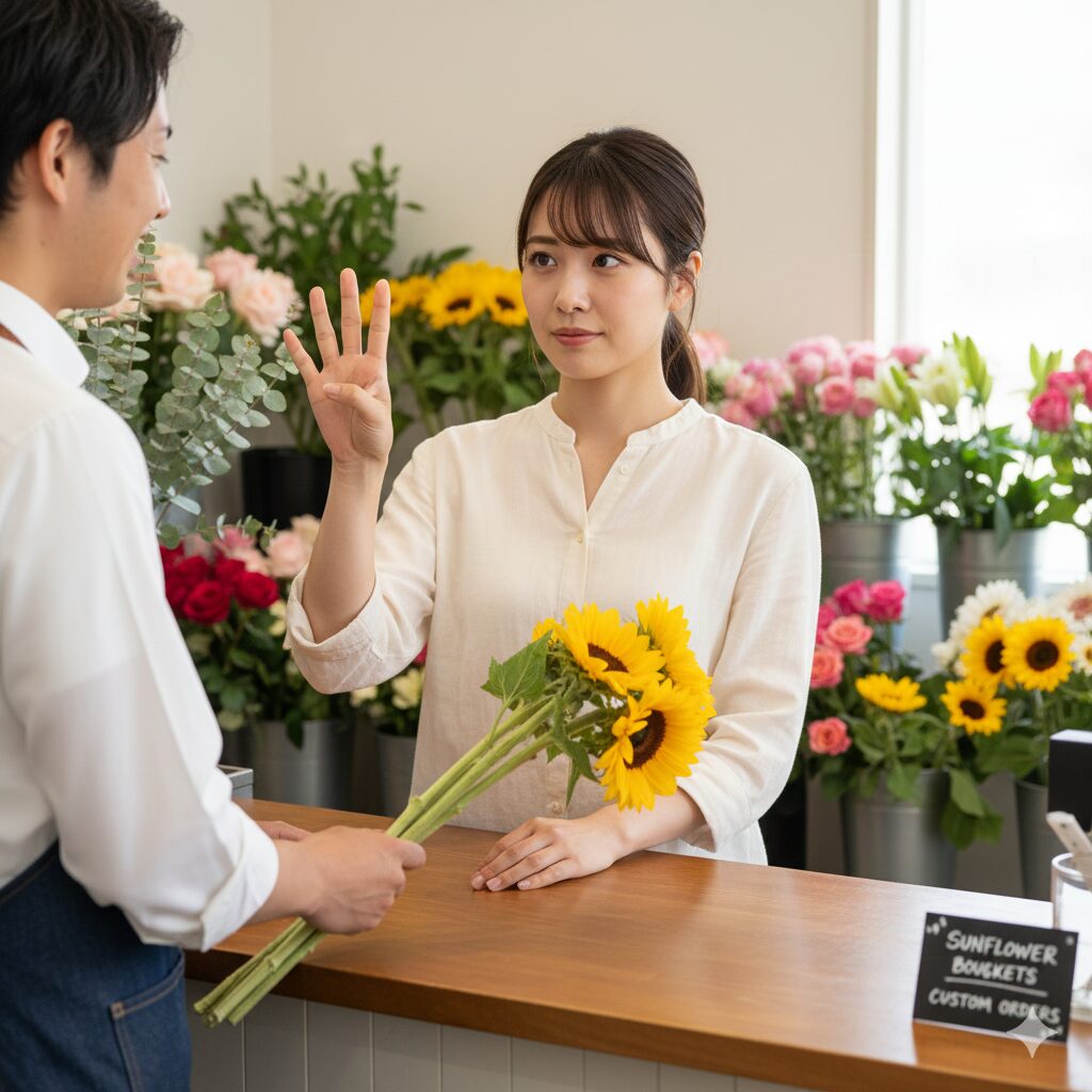 ひまわり 花言葉 4本7　　花屋でひまわりの本数を選んでいる様子。本数ごとの花言葉の違いを意識した花選び