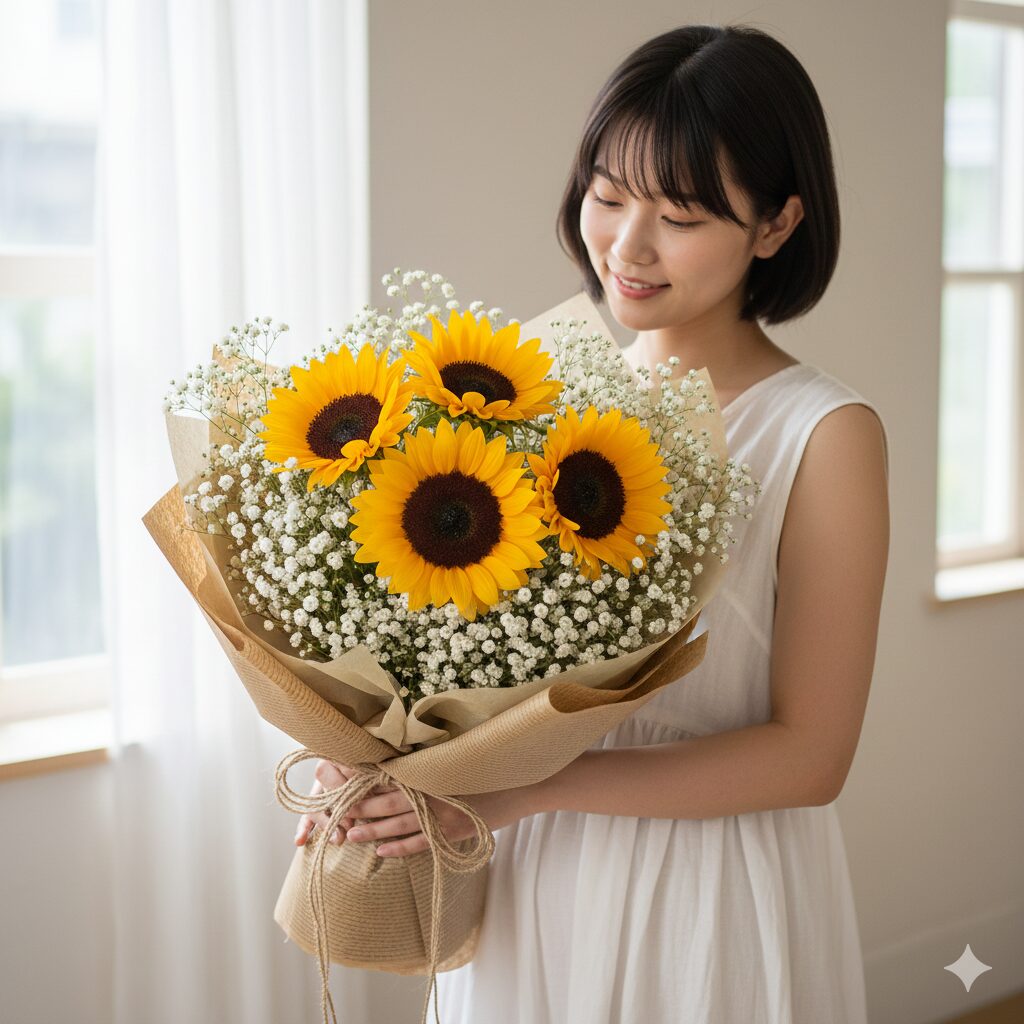 ひまわり 花言葉 4本9　ひまわり4本とカスミソウを組み合わせた花束。感謝と幸福の意味をプラスしたアレンジメント