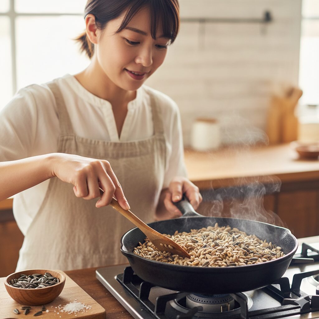 ひまわりの種 取り方10 食用のひまわりの種をフライパンで香ばしく乾煎り(ロースト)している調理風景