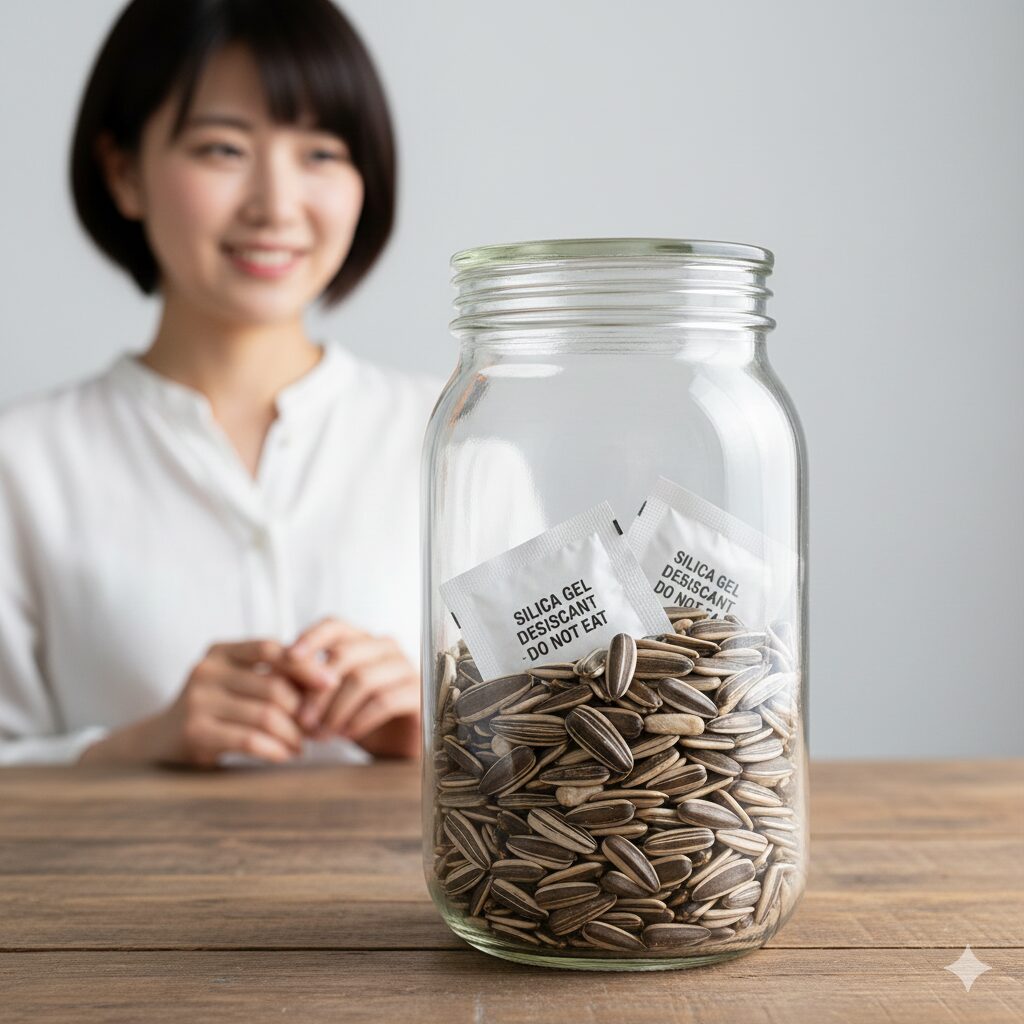 ひまわりの種 取り方10 発芽率を維持するために乾燥剤と一緒に密閉容器で保存されたひまわりの種