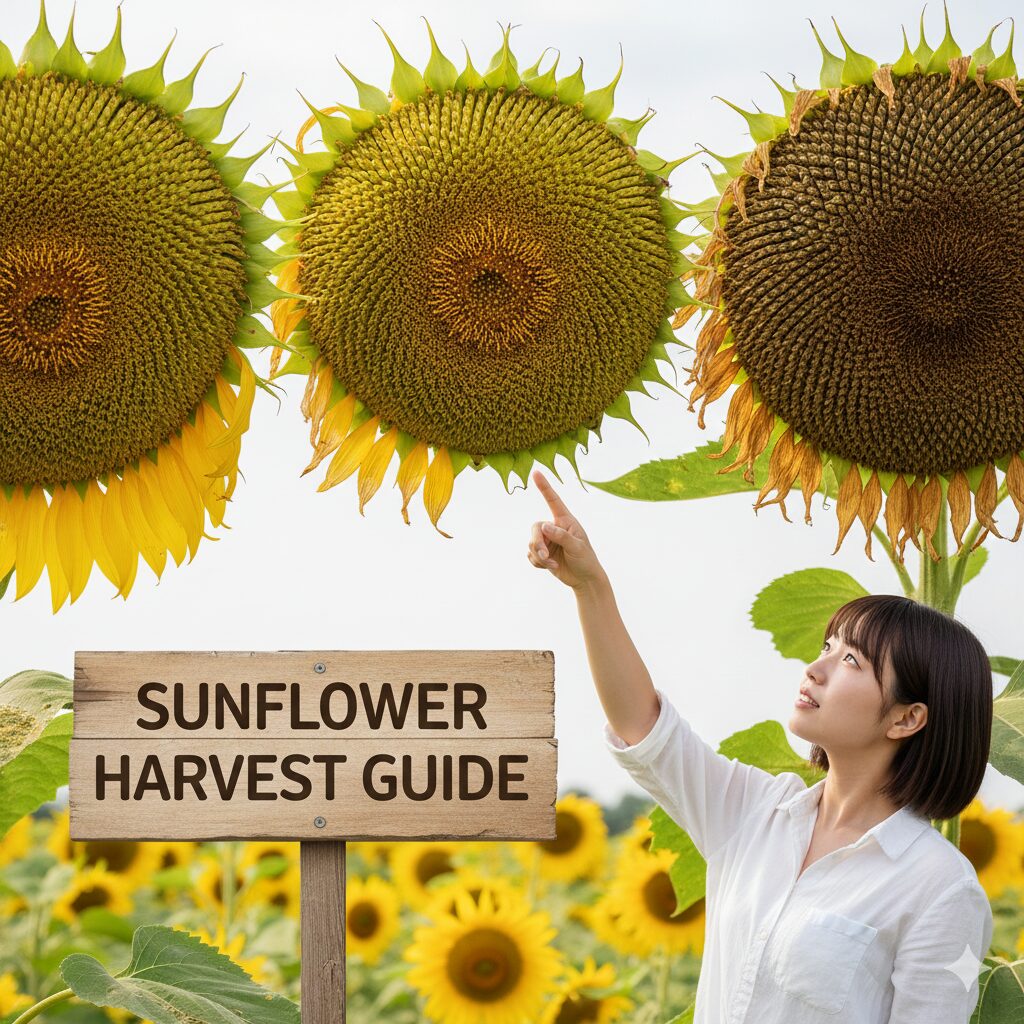 ひまわりの種 取り方2 ひまわりの種の収穫時期を判断するための花盤裏側の色の変化(緑・黄・茶)