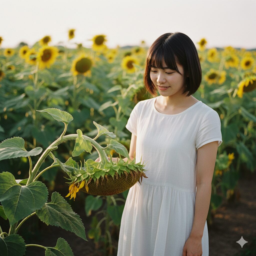 ひまわりの種 取り方3 鳥害から種を守るためにネットや不織布を被せて保護したひまわりの花