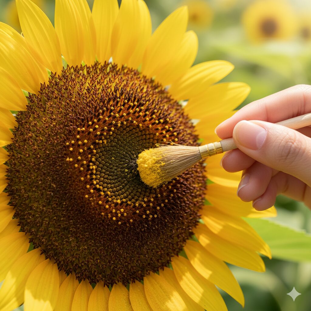 ひまわりの種 取り方4 実入りを良くするために筆を使ってひまわりの人工授粉を行っている作業風景