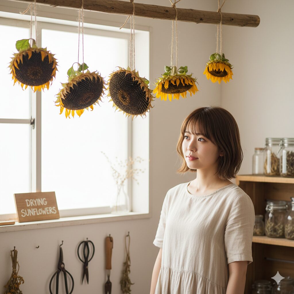 ひまわりの種 取り方5 カビを防ぐために茎を縛って逆さまに吊るして予備乾燥させているひまわりの様子