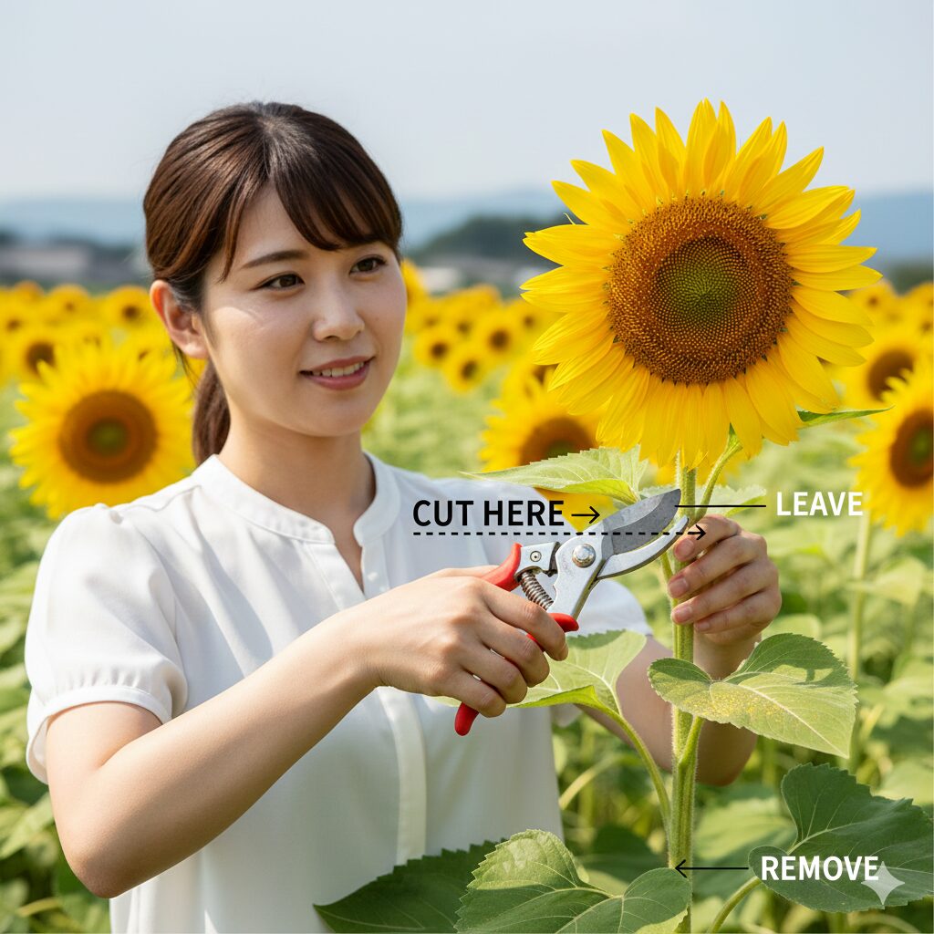 ひまわりの種 取り方6 後熟効果を得るために花から30cm下の位置で茎を切断するひまわりの収穫方法