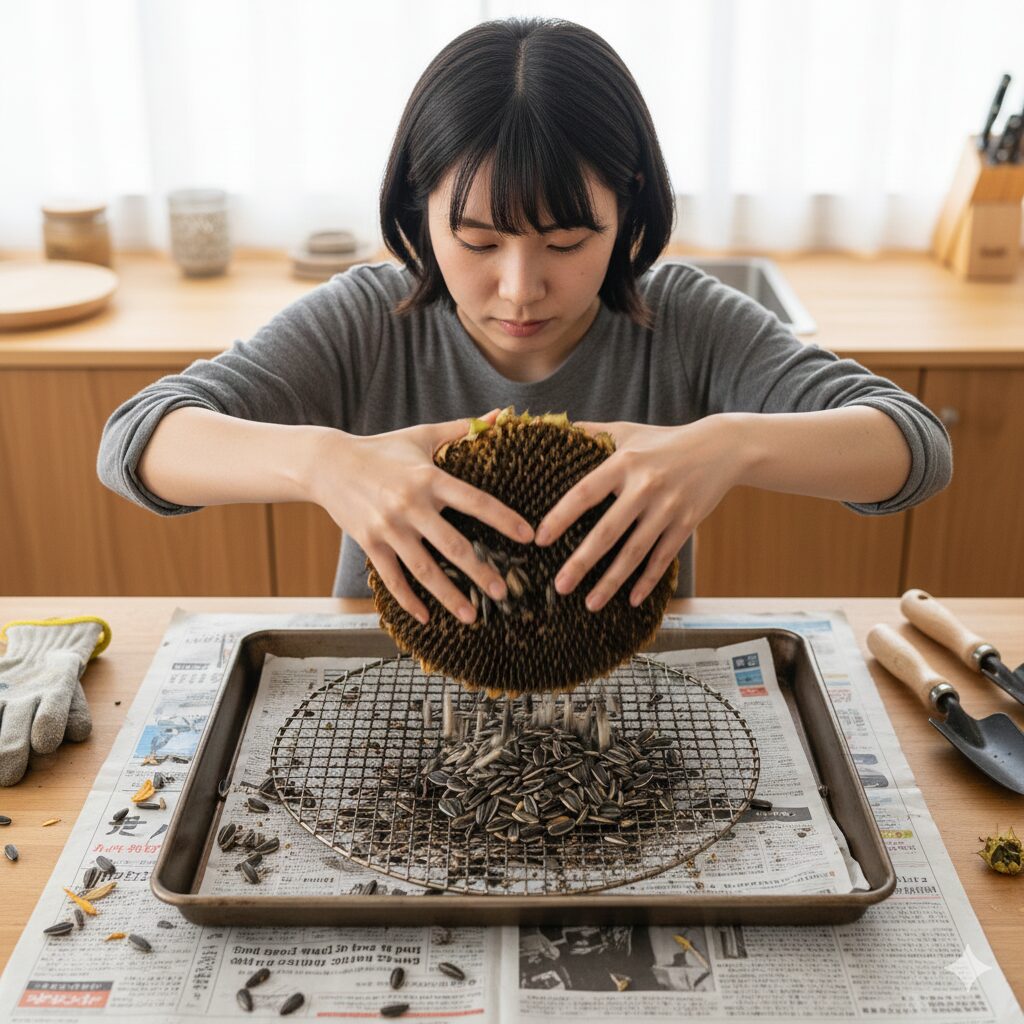 ひまわりの種 取り方7 焼き網を使って乾燥したひまわりの種を効率よく脱穀している作業の様子