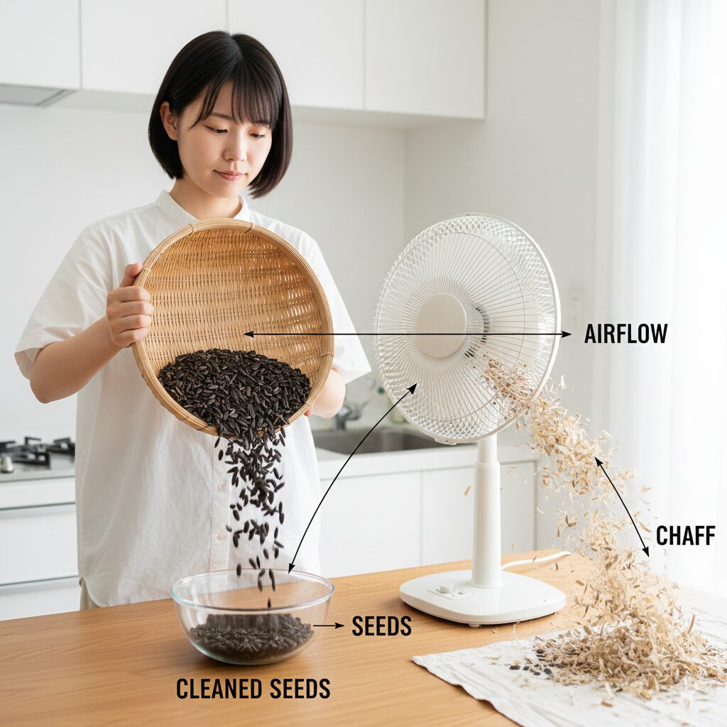 ひまわりの種 取り方8 扇風機の風を利用してひまわりの種とゴミを選別する風選(ふうせん)の仕組み