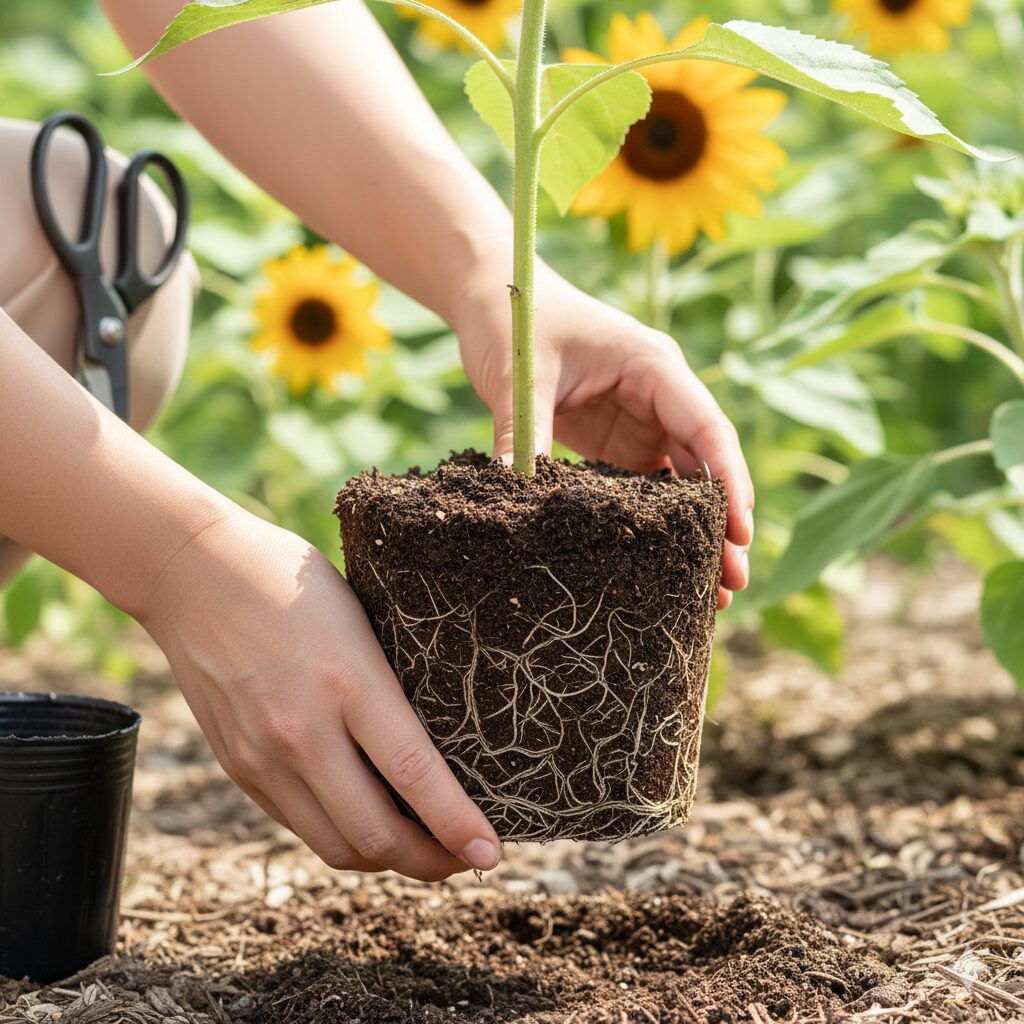 ひまわり植える時期10　　根鉢を崩さずにポットから取り出すひまわりの定植作業