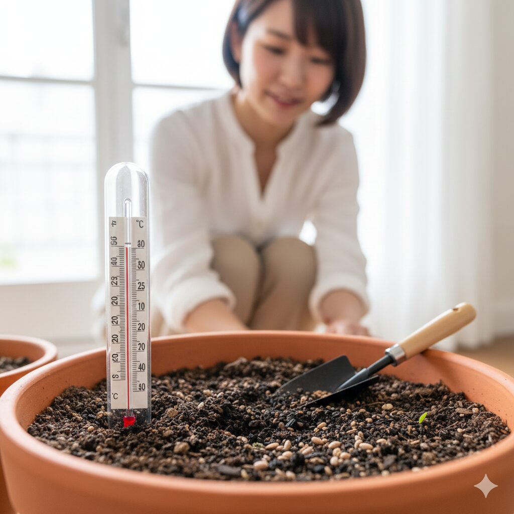 ひまわり植える時期2　　ひまわりの種まき適期を示す地温計（20℃〜25℃）