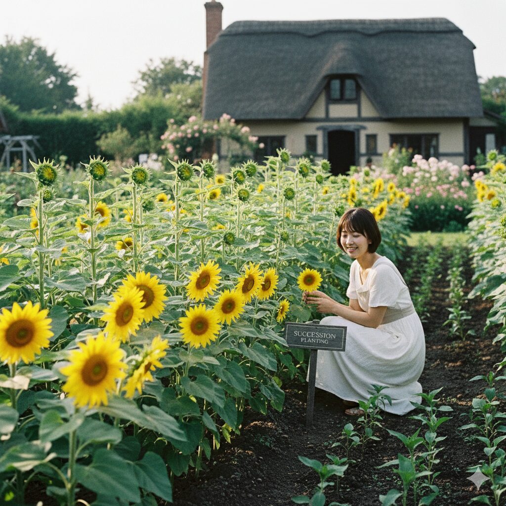 ひまわり植える時期6　　開花時期をずらすリレー栽培で成長段階が異なるひまわりの花壇