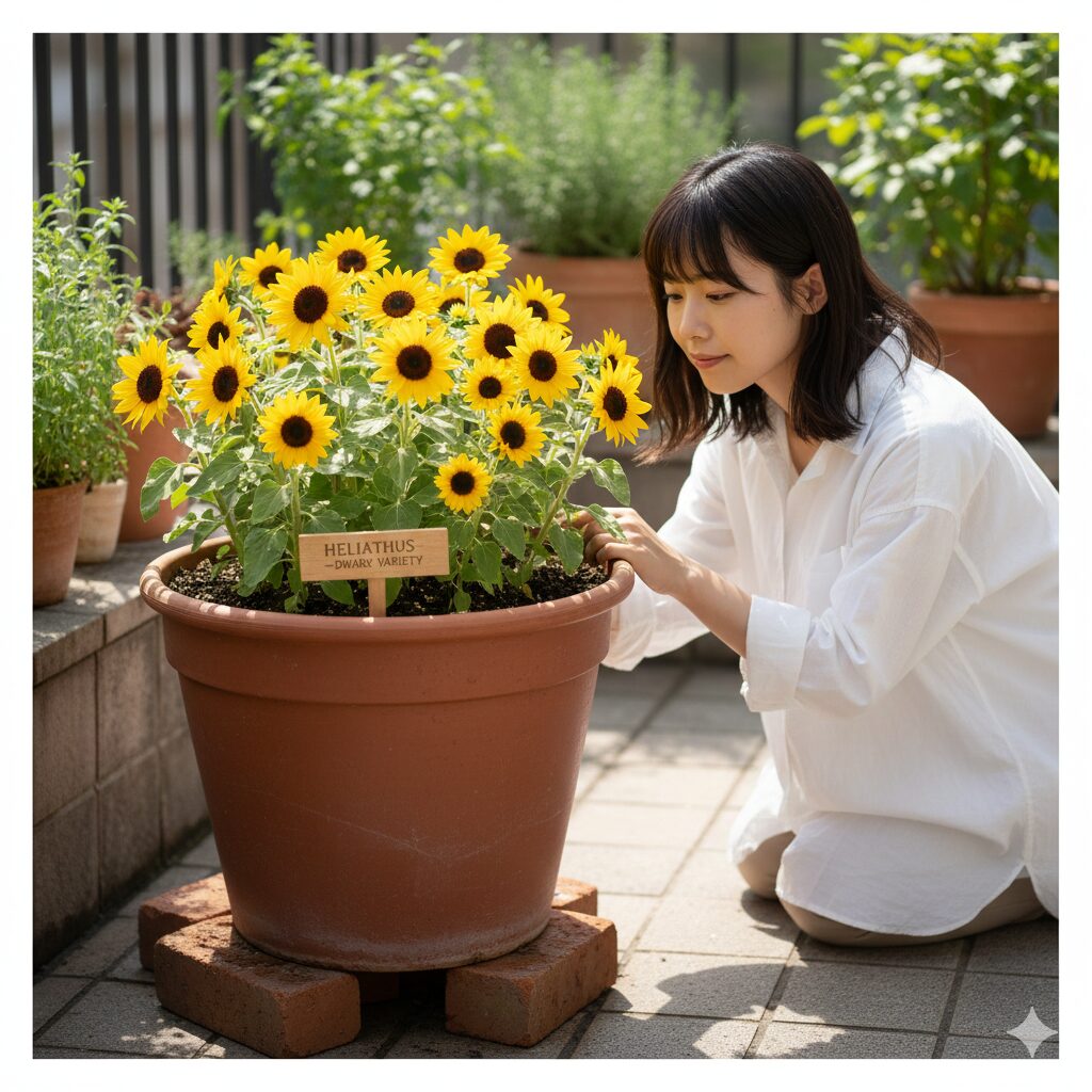 ひまわり植える時期7　　ベランダ栽培に適した深さのある鉢に植えられたミニひまわり