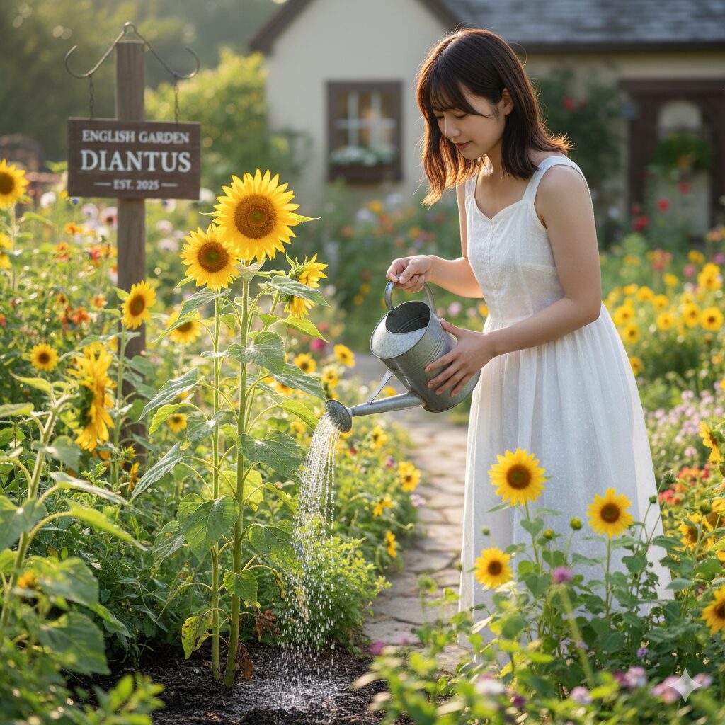 ひまわり植える時期9　真夏のひまわり栽培における早朝の涼しい時間帯の水やり