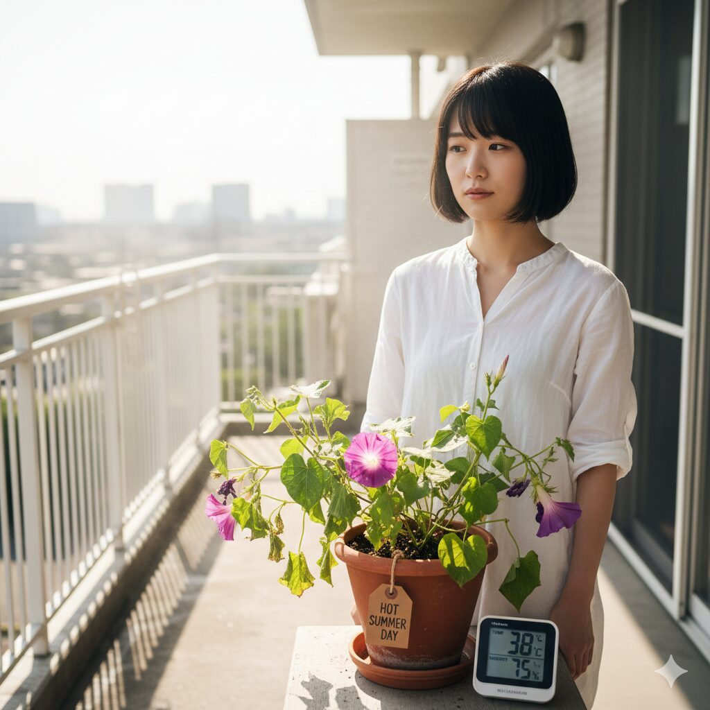 アサガオ種できない1 35度以上の高温を示す温度計とアサガオ・高温障害のリスク