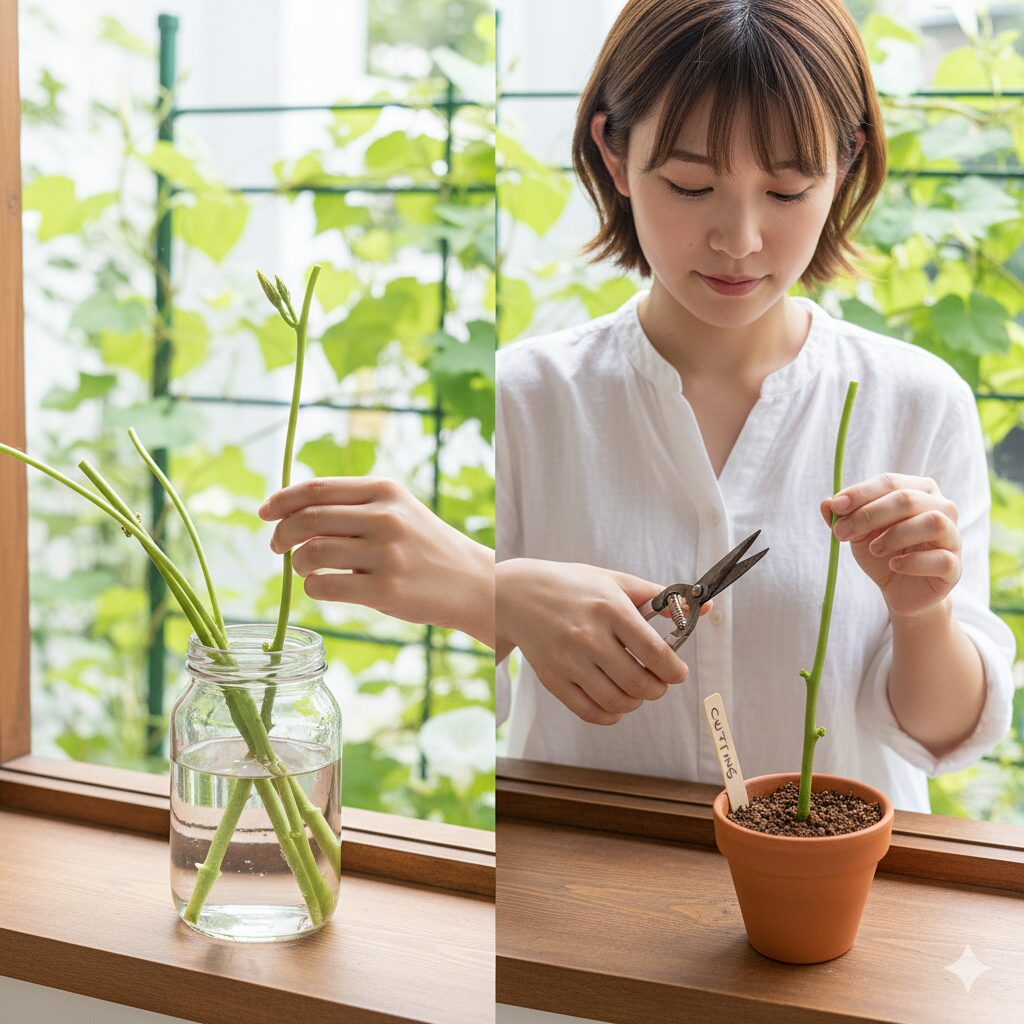 アサガオ種できない10 アサガオのつるを使った挿し木(挿し芽)と水揚げの様子