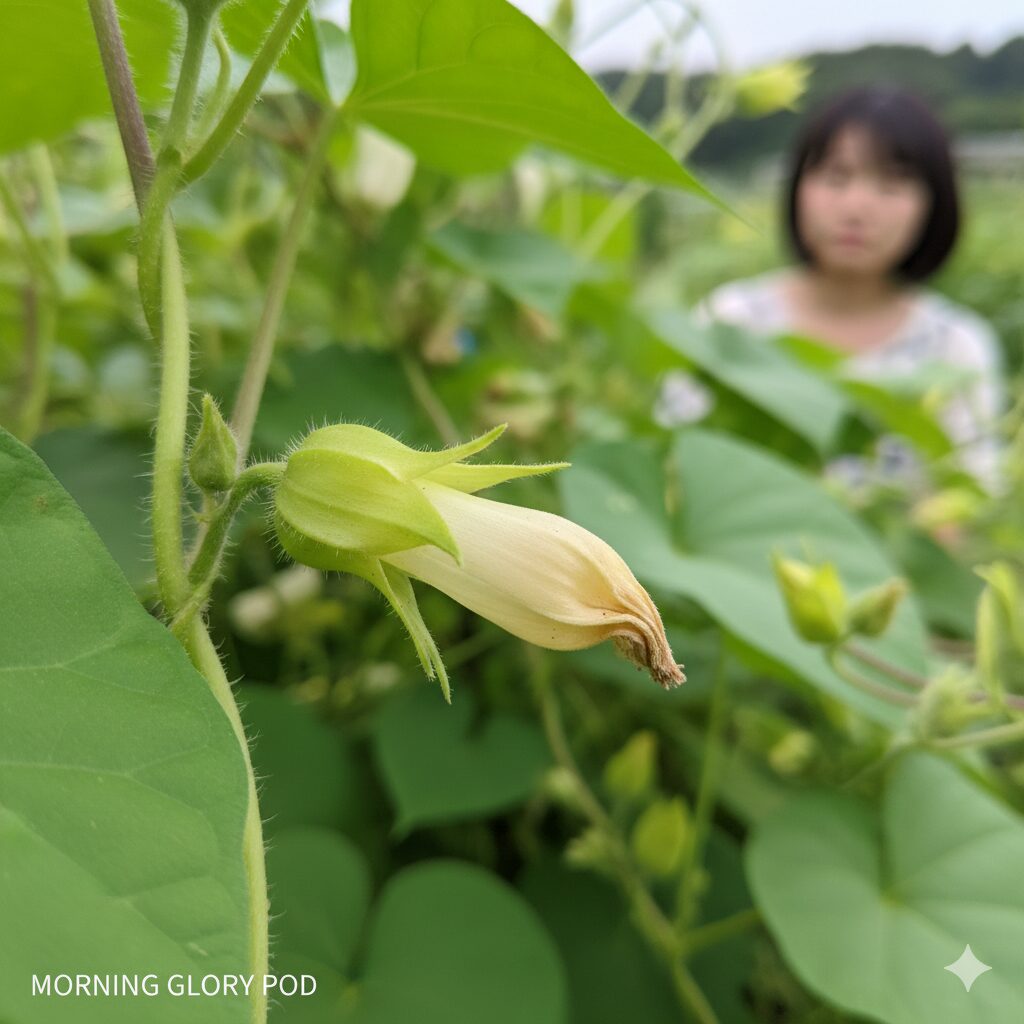 アサガオ種できない3 黄色く変色して落ちそうなアサガオの未熟な実(生理的落果)