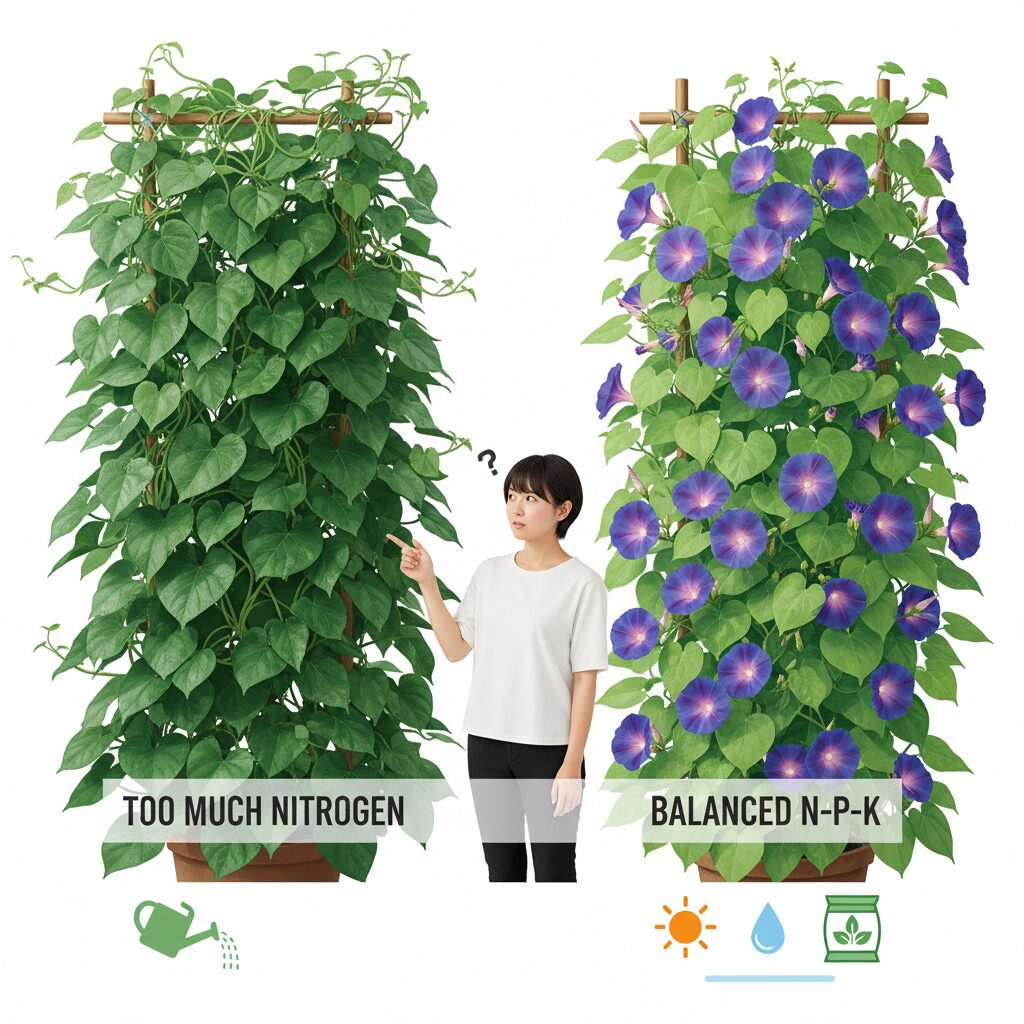 アサガオ種できない4 葉ばかりが茂って花が咲かない「つるぼけ」状態のアサガオ