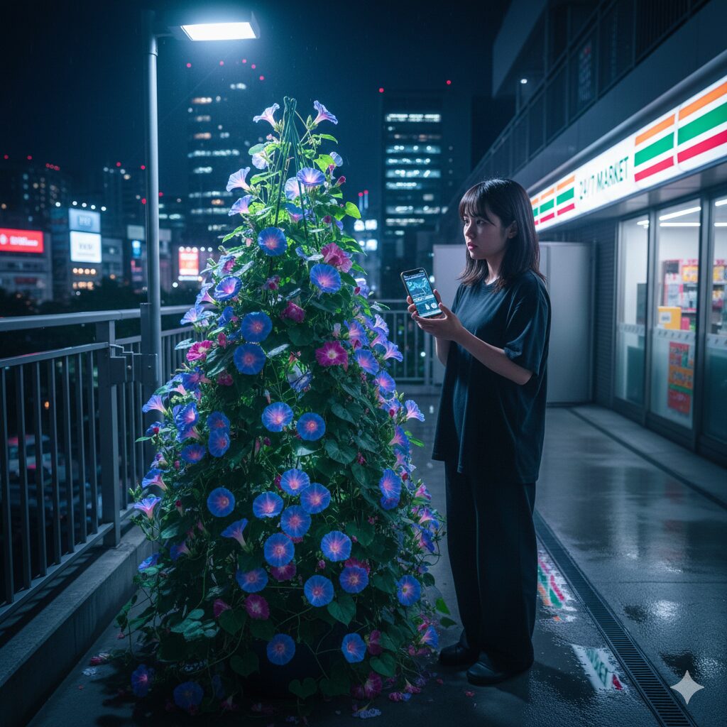 アサガオ種できない6 夜間の街灯や照明が当たり続けるベランダのアサガオ(光害)