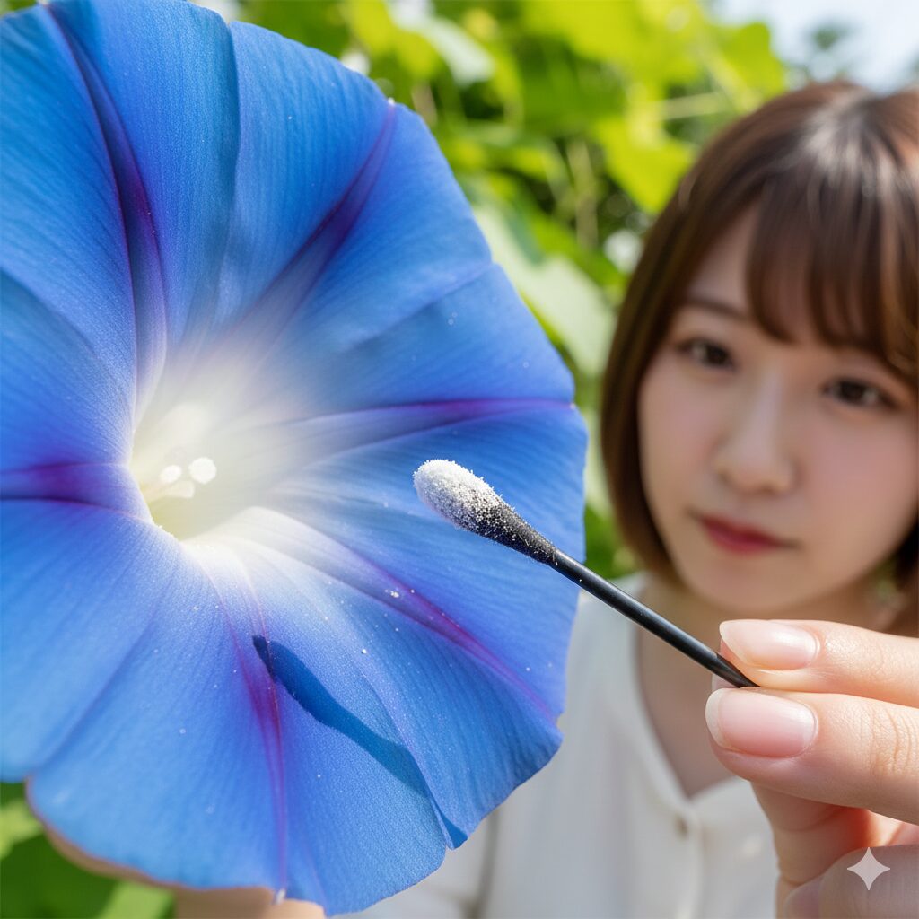 アサガオ種できない7 アサガオの雄しべから出る白い花粉と人工授粉用の黒い綿棒