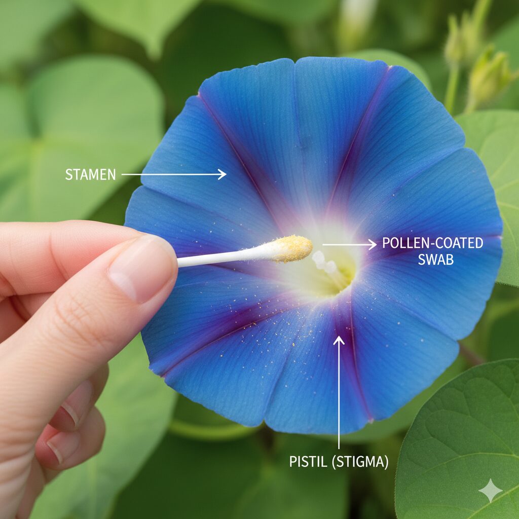 アサガオ種できない8 アサガオの雌しべに綿棒で花粉をつける人工授粉のやり方