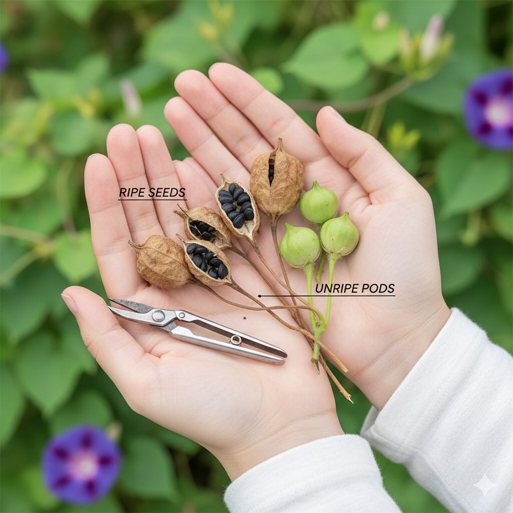 アサガオ種できない9 茶色く枯れて収穫タイミングを迎えたアサガオの完熟種