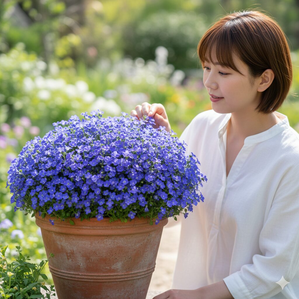 アズーロコンパクト 冬越し1　適切な冬越し管理を経て、翌春に巨大な株へと成長し、青い花が満開になったアズーロコンパクトの成功事例。