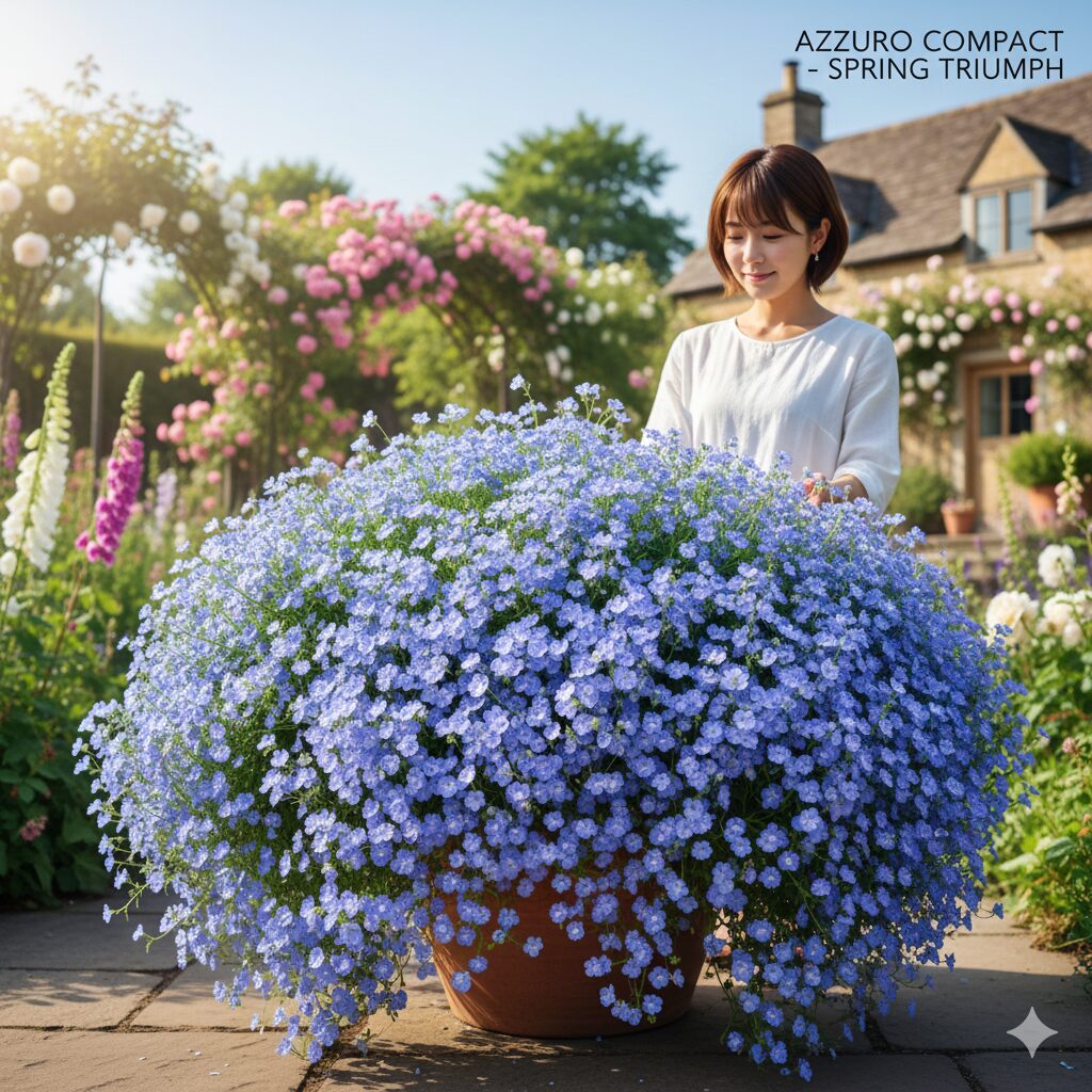 アズーロコンパクト 冬越し10　適切な冬越し管理を経て、翌春に巨大な株へと成長し、青い花が満開になったアズーロコンパクトの成功事例。