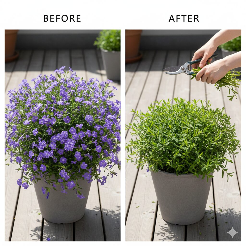 アズーロコンパクト 冬越し3　冬越し前に行うアズーロコンパクトの切り戻し作業のビフォーアフター比較写真。株のボリュームを半分程度に抑えている。