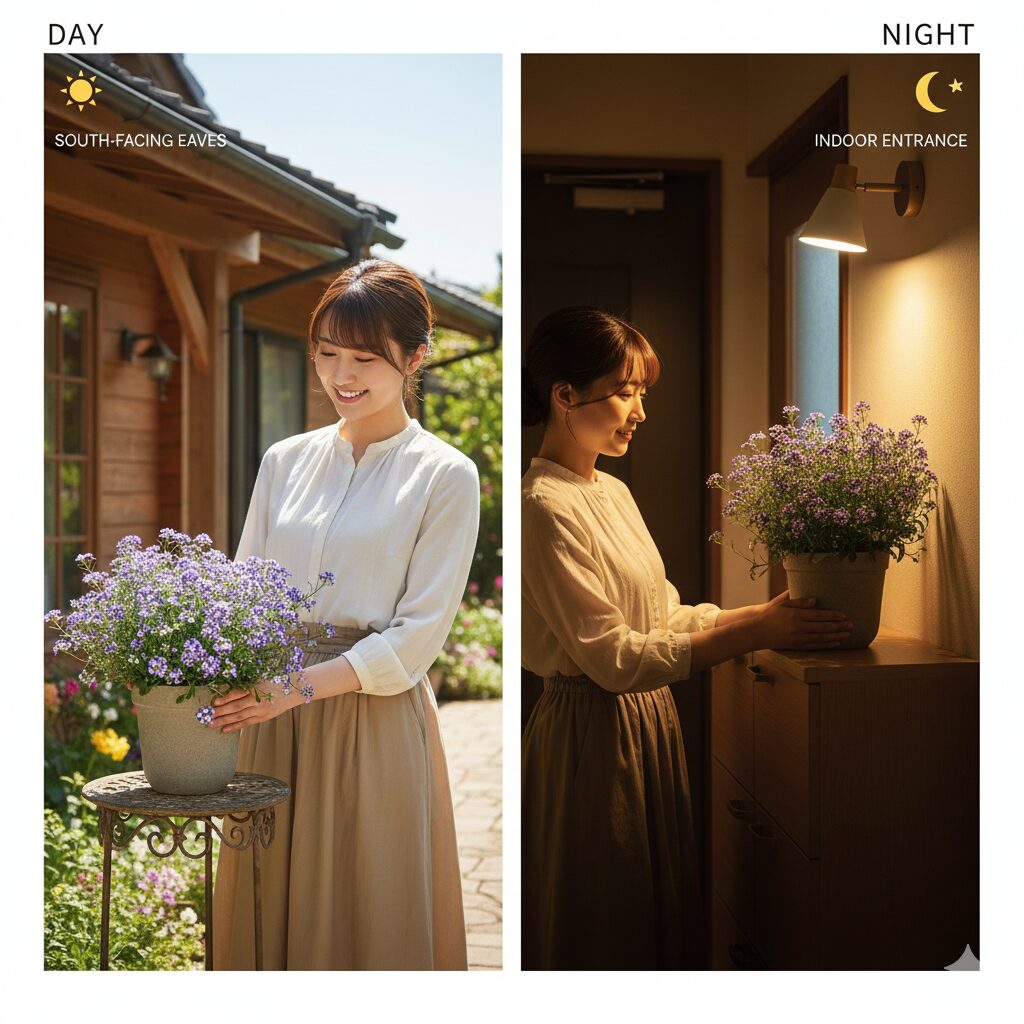 アズーロコンパクト 冬越し4　アズーロコンパクトの冬越しハイブリッド管理。昼は軒下で日光浴させ、夜は玄関内に取り込んでいる様子。