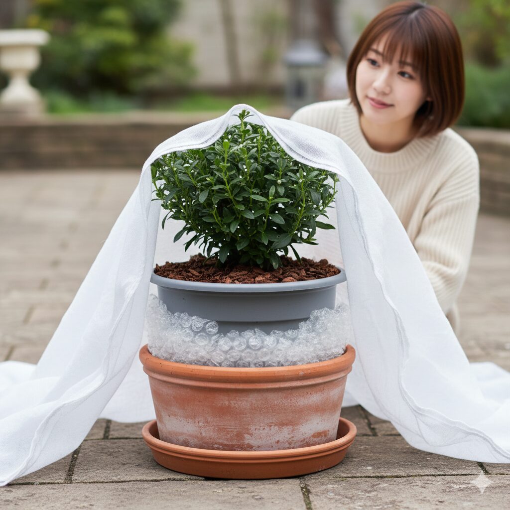 アズーロコンパクト 冬越し5　アズーロコンパクトの屋外冬越し対策。二重鉢、バークチップによるマルチング、不織布のカバーを施した様子。