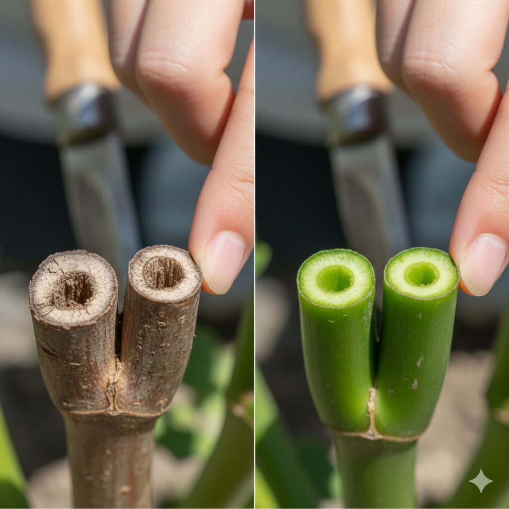 アズーロコンパクト 冬越し6　アズーロコンパクトの冬越し後の生存判断。枯れた茎の茶色い断面と、生きている茎の緑色の断面の比較。