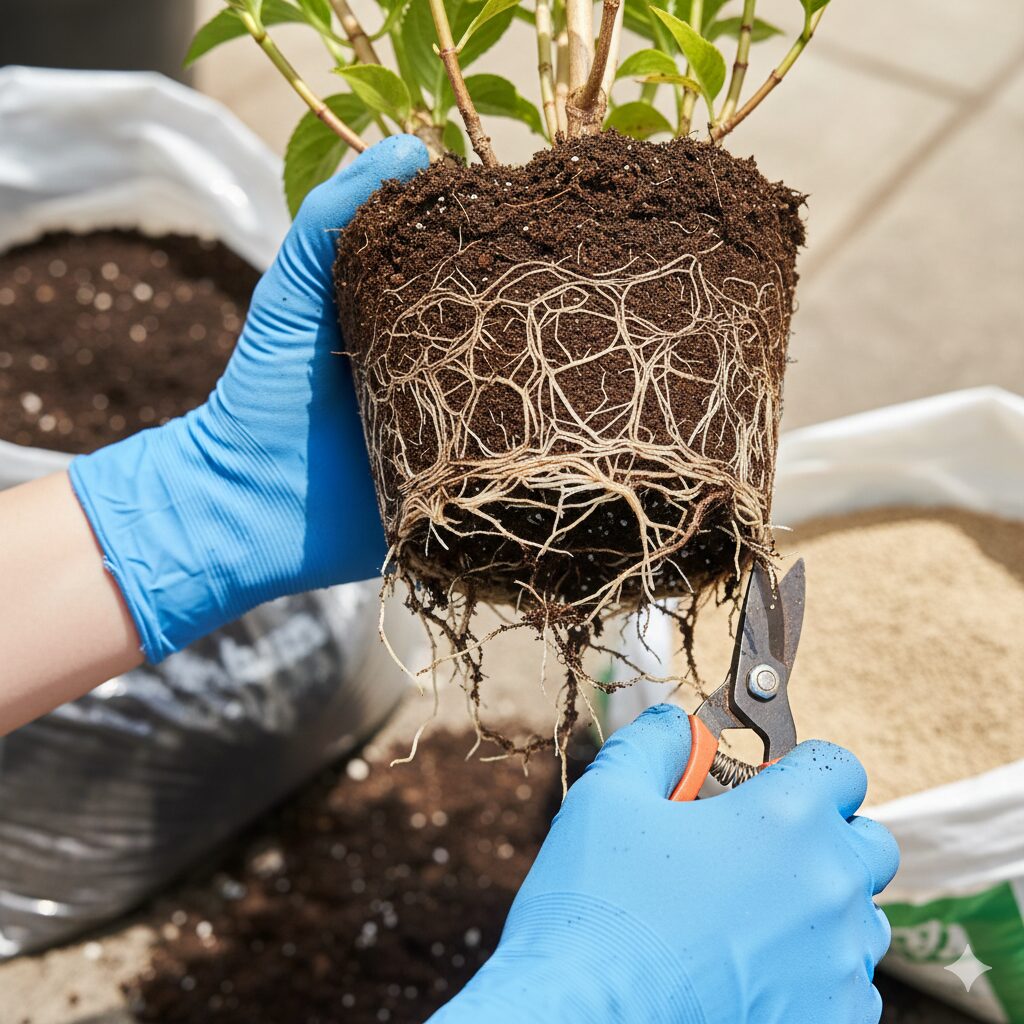 アズーロコンパクト 冬越し7　アズーロコンパクトの春の植え替え作業。根詰まりした根鉢の状態と、根を整理して新しい土に植え替える様子。