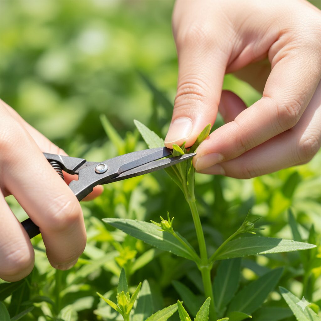 アズーロコンパクト 冬越し8　花数を増やすためのアズーロコンパクトの摘心（ピンチ）作業。新芽の先端をカットし、脇芽の成長を促している様子。