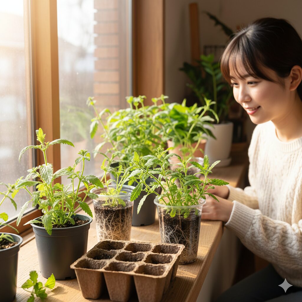 アズーロコンパクト 冬越し9　冬越しバックアップ用に作られたアズーロコンパクトの挿し木苗。室内の窓辺で発根し、健康に育っている様子。