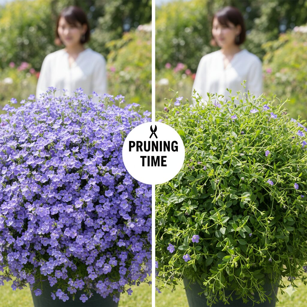 アズーロコンパクト 切り戻し時期1 アズーロコンパクトの若い苗の先端を指で摘芯しているクローズアップ写真。