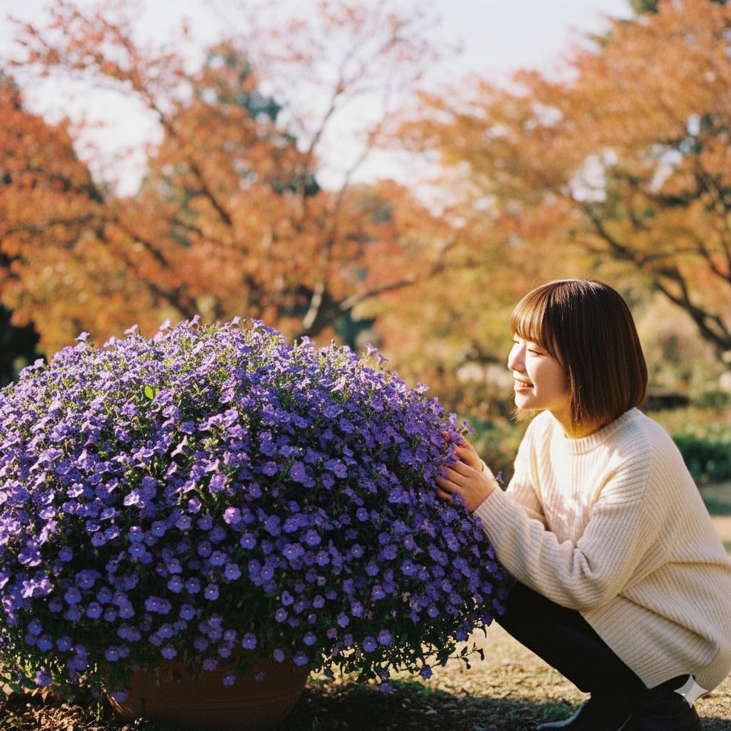 アズーロコンパクト 切り戻し時期10 秋に再び満開を迎え、花色が濃く鮮やかになったアズーロコンパクトの様子。