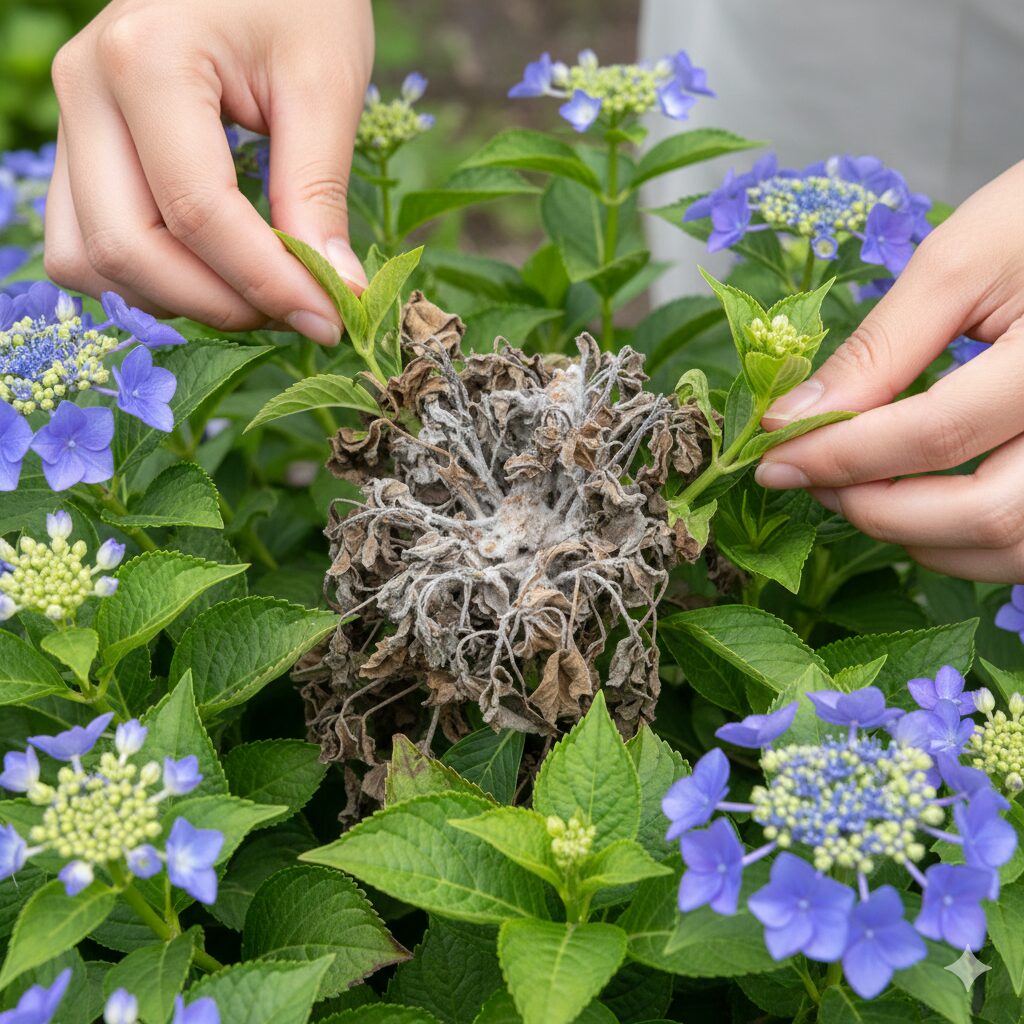 アズーロコンパクト 切り戻し時期3 湿気で蒸れて灰色かび病に感染したアズーロコンパクトの株内部の様子。