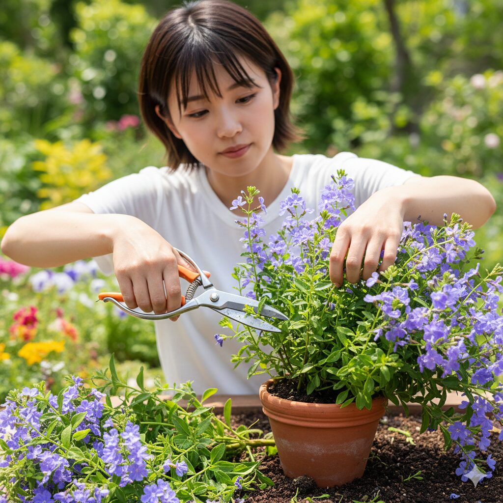 アズーロコンパクト 切り戻し時期4 園芸用ハサミでアズーロコンパクトの株を半分程度まで切り戻している作業風景。