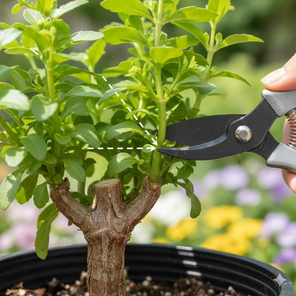 アズーロコンパクト 切り戻し時期6 株元が木質化したアズーロコンパクトの茎と、緑色の葉や新芽が残る適切な切り戻し位置。