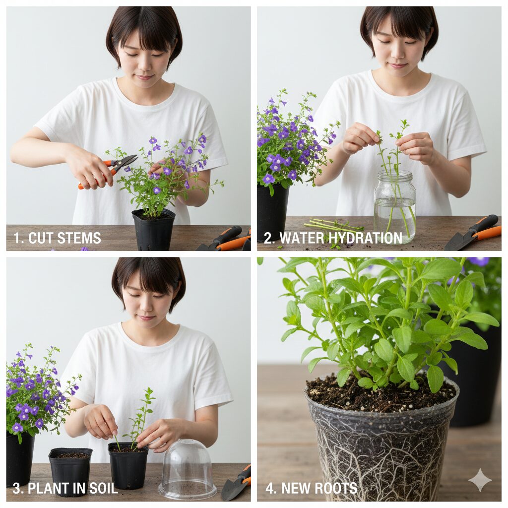 アズーロコンパクト 切り戻し時期8 アズーロコンパクトの挿し芽の手順(茎のカット、水揚げ、土への挿し木、発根)を示す一連の写真。