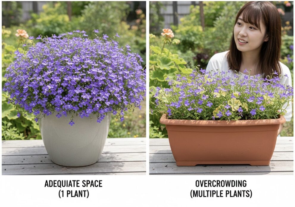 アズーロコンパクト 切り戻し時期9 大きな鉢に1株植えられたアズーロコンパクトと、小さなプランターに密植されたアズーロコンパクトの比較写真。