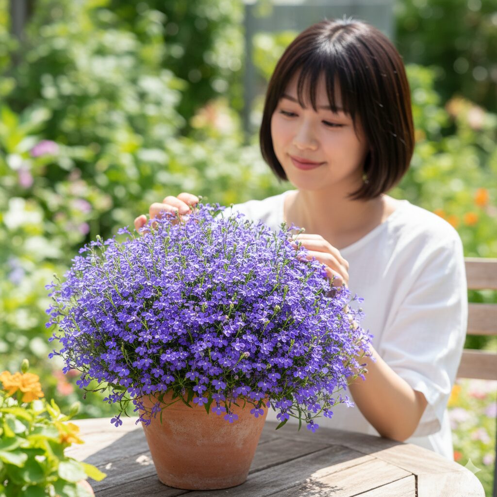 アズーロコンパクト 枯れる1　満開に咲き誇る青いアズーロコンパクトの鉢植えと健全なドーム状の草姿