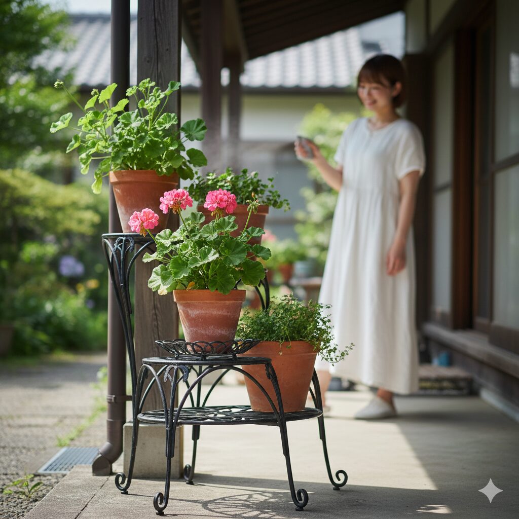 アズーロコンパクト 枯れる10　夏越しのためにフラワースタンドで地面から離して管理される鉢植え