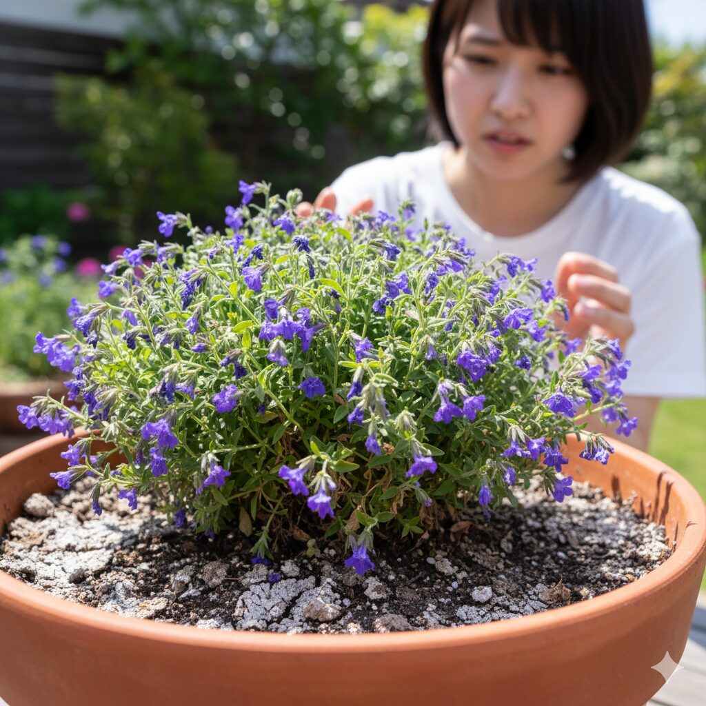 アズーロコンパクト 枯れる2　水切れで全体がしおれたアズーロコンパクトと白く乾燥した土の表面