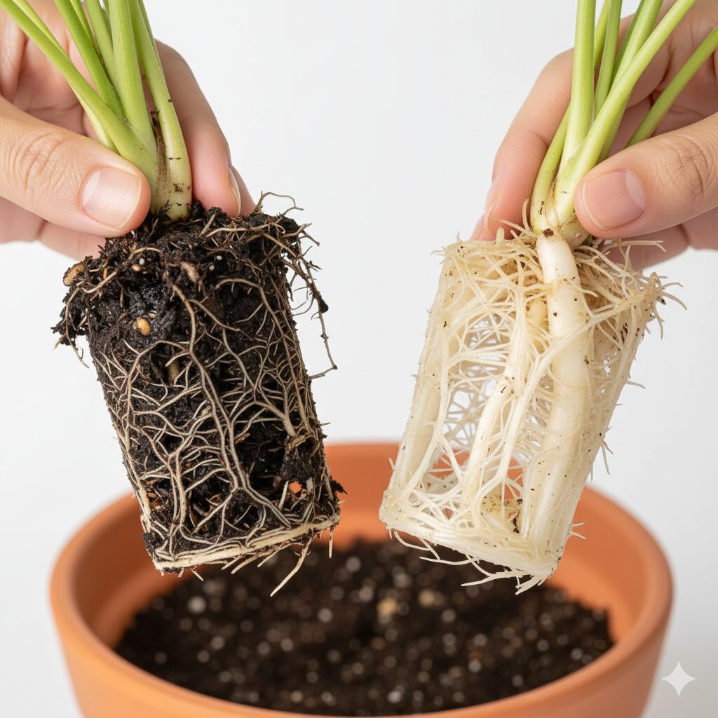 アズーロコンパクト 枯れる3　植物の根腐れによる黒い根と健全な白い根の比較画像