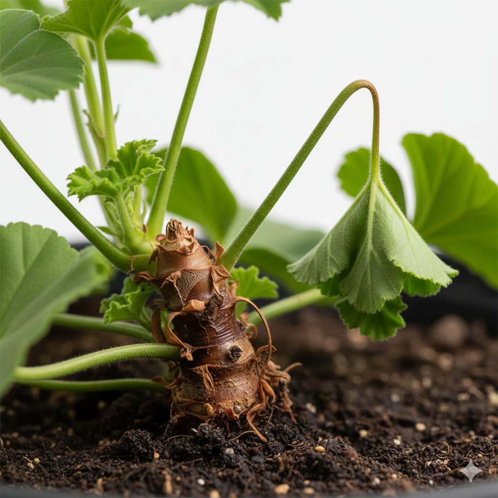 アズーロコンパクト 枯れる5　茎腐病によって褐色に変色し腐敗したアズーロコンパクトの茎の根元