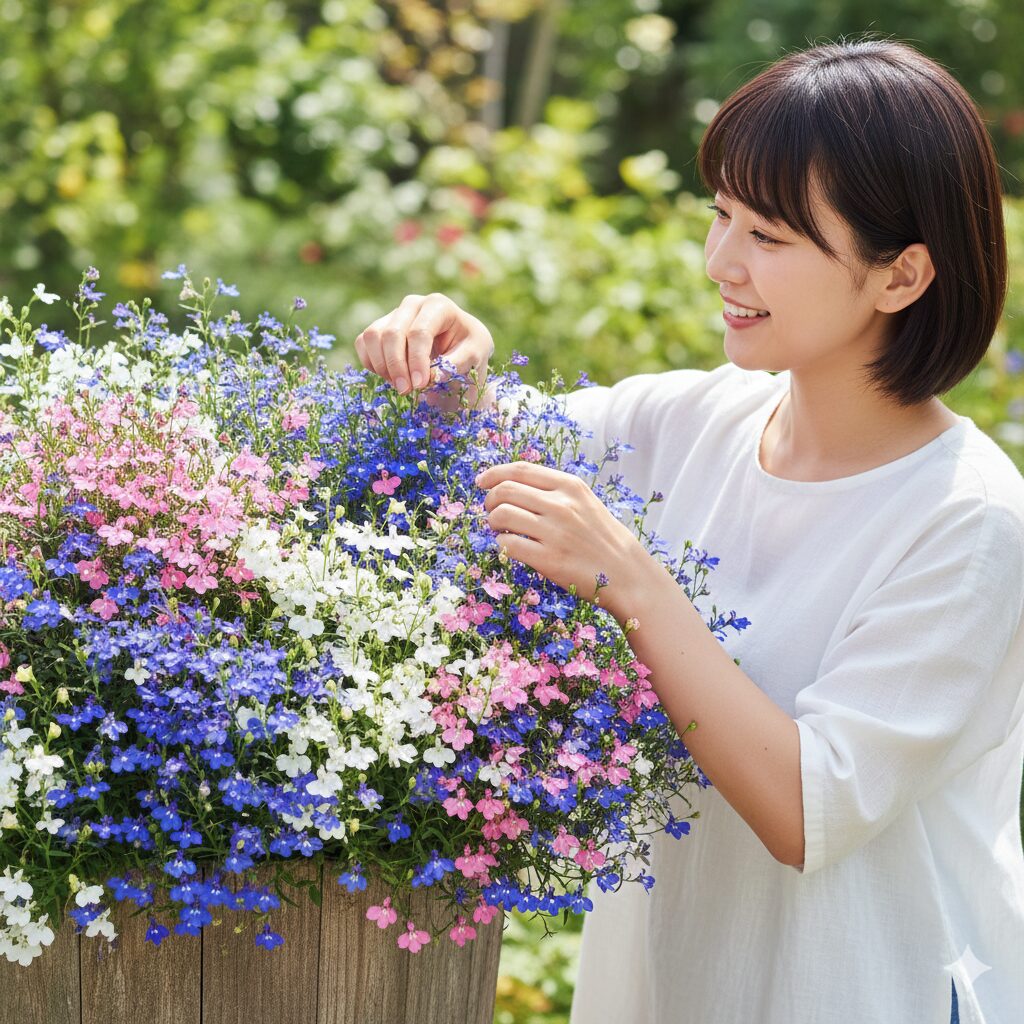 アズーロコンパクト 花言葉1　青・ピンク・白の3色が混ざり合って咲くアズーロコンパクトの寄せ植え