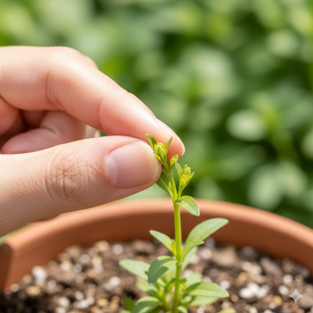 アズーロコンパクト 花言葉　アズーロコンパクトの苗の先端を指先で摘芯している様子